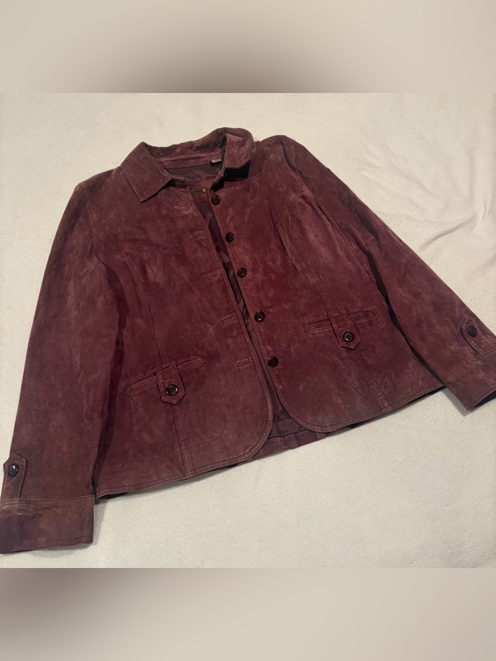 Vintage Women's Suede Leather Button-Front Jacket - Burgundy Purple Size XL